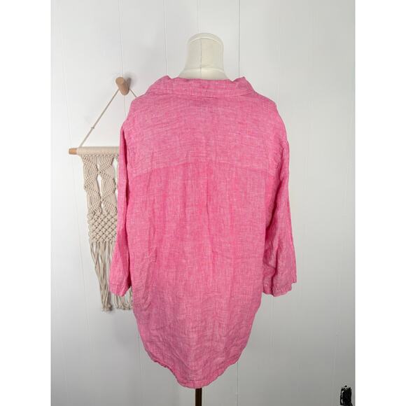 Tahari 100% Linen Tunic Top Plus Size 1X Pink Side Button Hem 3/4 Sleeve - Picture 6 of 9